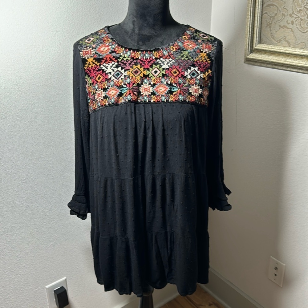 THML Black Tunic Dress with Multicolor Embroidered Yoke